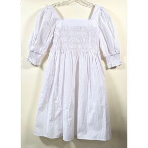 White square neck smocked puff sleeve dress